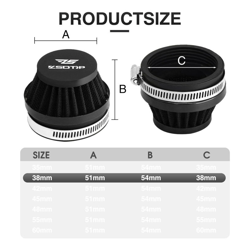 ZSDTRP 2PCS Motorcycle 38MM Air Intake Filter Universal Carburetor Air Filter Cleaner for Dirt Pit ATV SSR TTR Bike Breather Filter Fit for Many Different Carburetors (Black 38MM) - Image 2